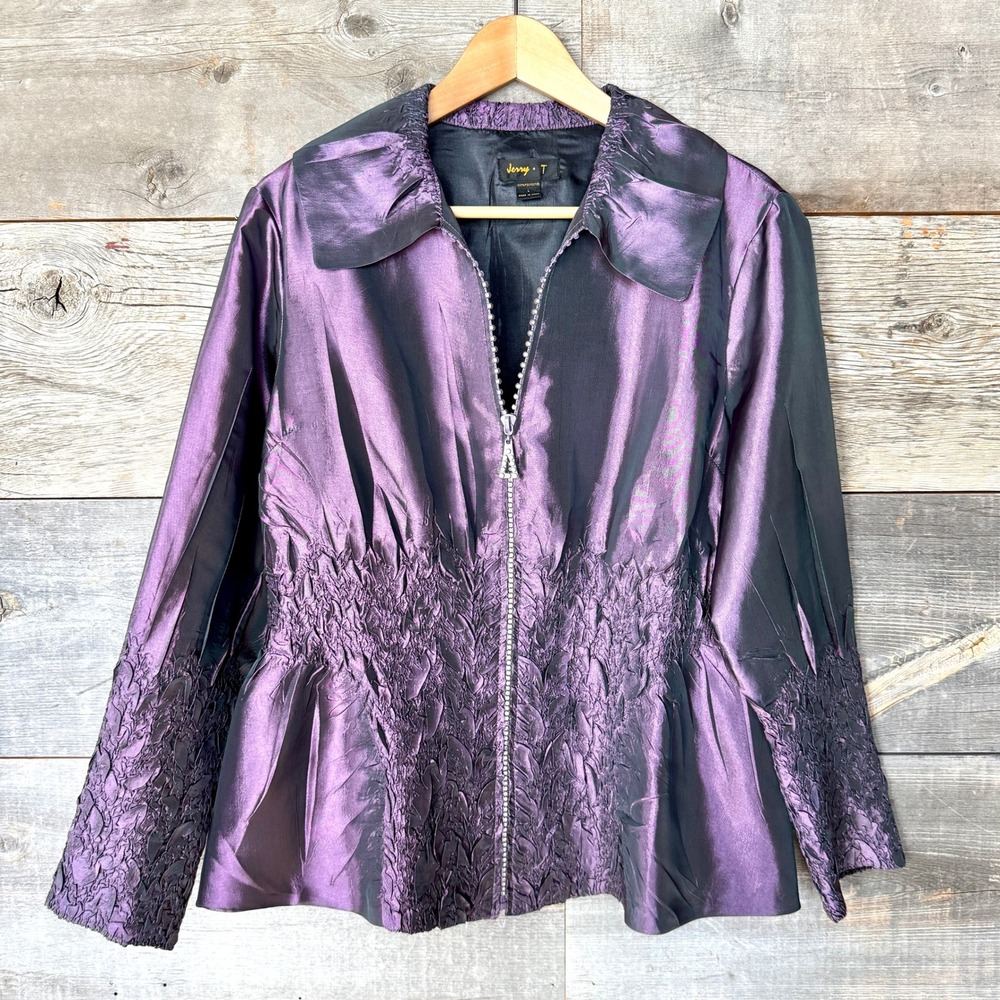 Jerry T Womens Ruched Zip-Up Jacket L Purple‎ Event Wedding Mother of Bride